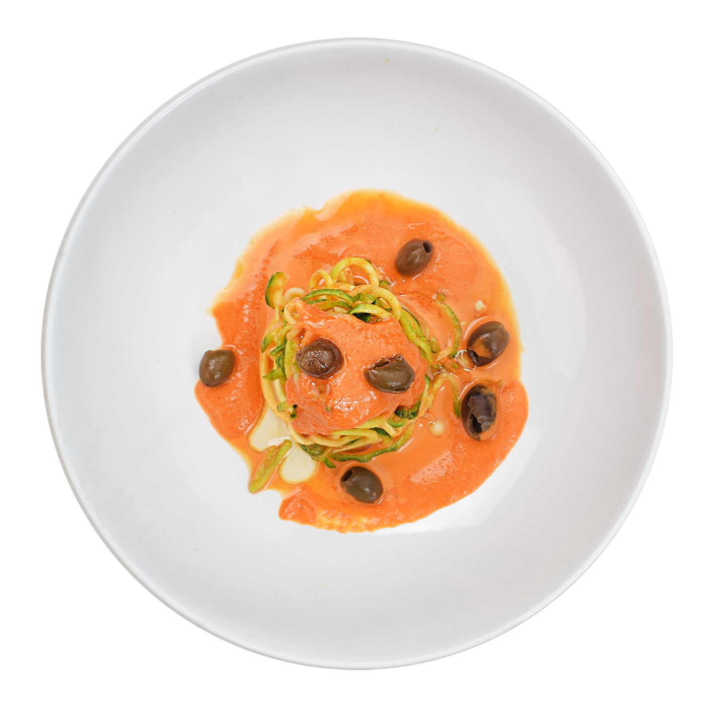 Spaghetti di zucchine con pesto di peperoni e olive